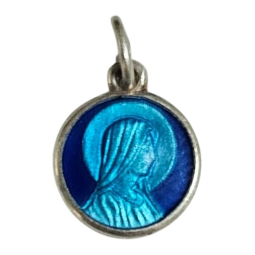 Vintage Round Blue Enamel Virgin Mary Our Lady of Guadalupe Medal Pendant Charm
